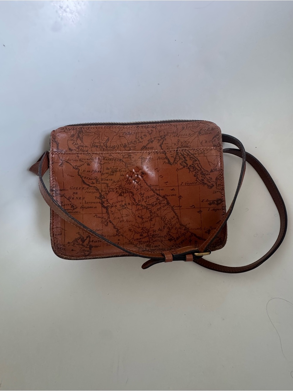 Vintage Patricia Nash Map-Print Brown Leather Crossbody Bag